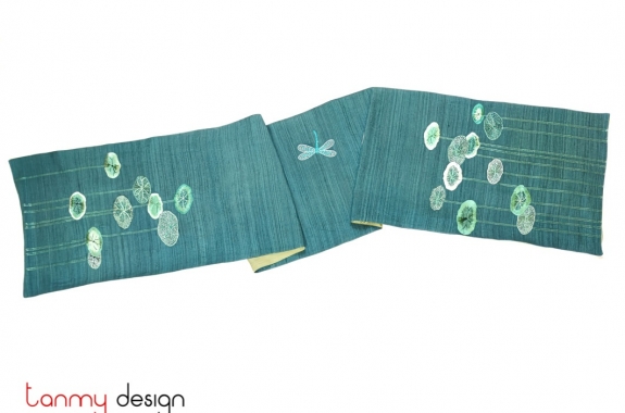 Blue raw silk scarf hand-embroidered with lotus pond 38*200 cm